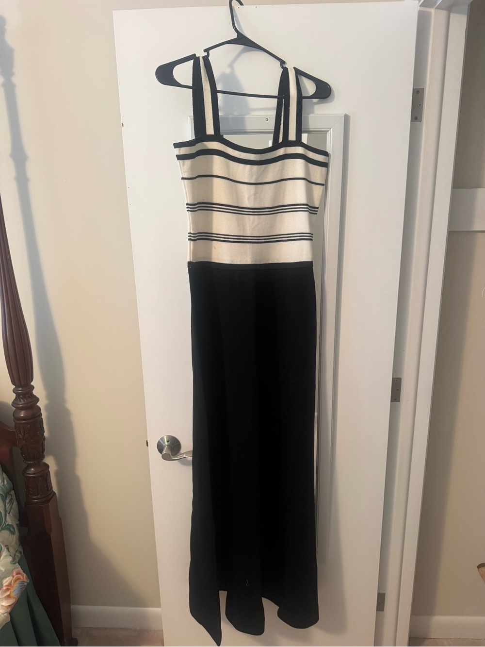Classic Black and Cream Striped Maxi Dress with Wide Straps